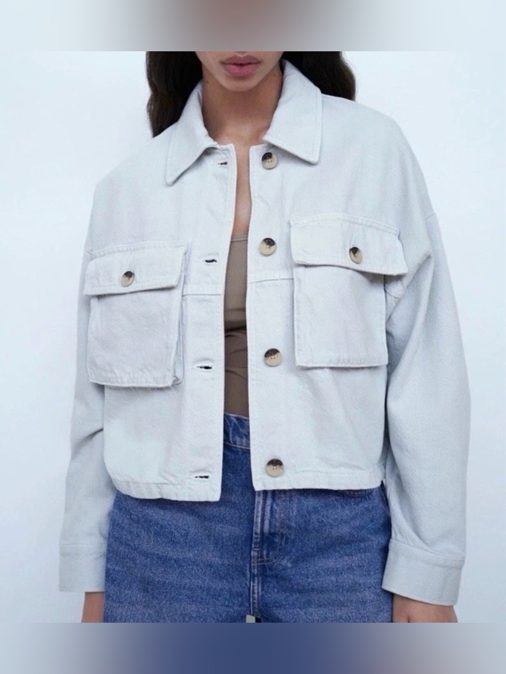 Zara Women’s Relaxed Fit DenimJacket with Pockets Light Gray/Blue Sz S NWT